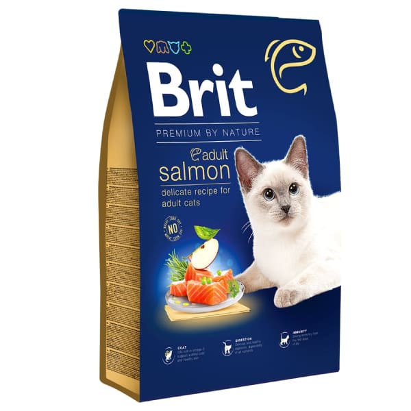 BRIT PREMIUM CAT ADULT SALMON sausā barība kaķiem Lasis 8kg